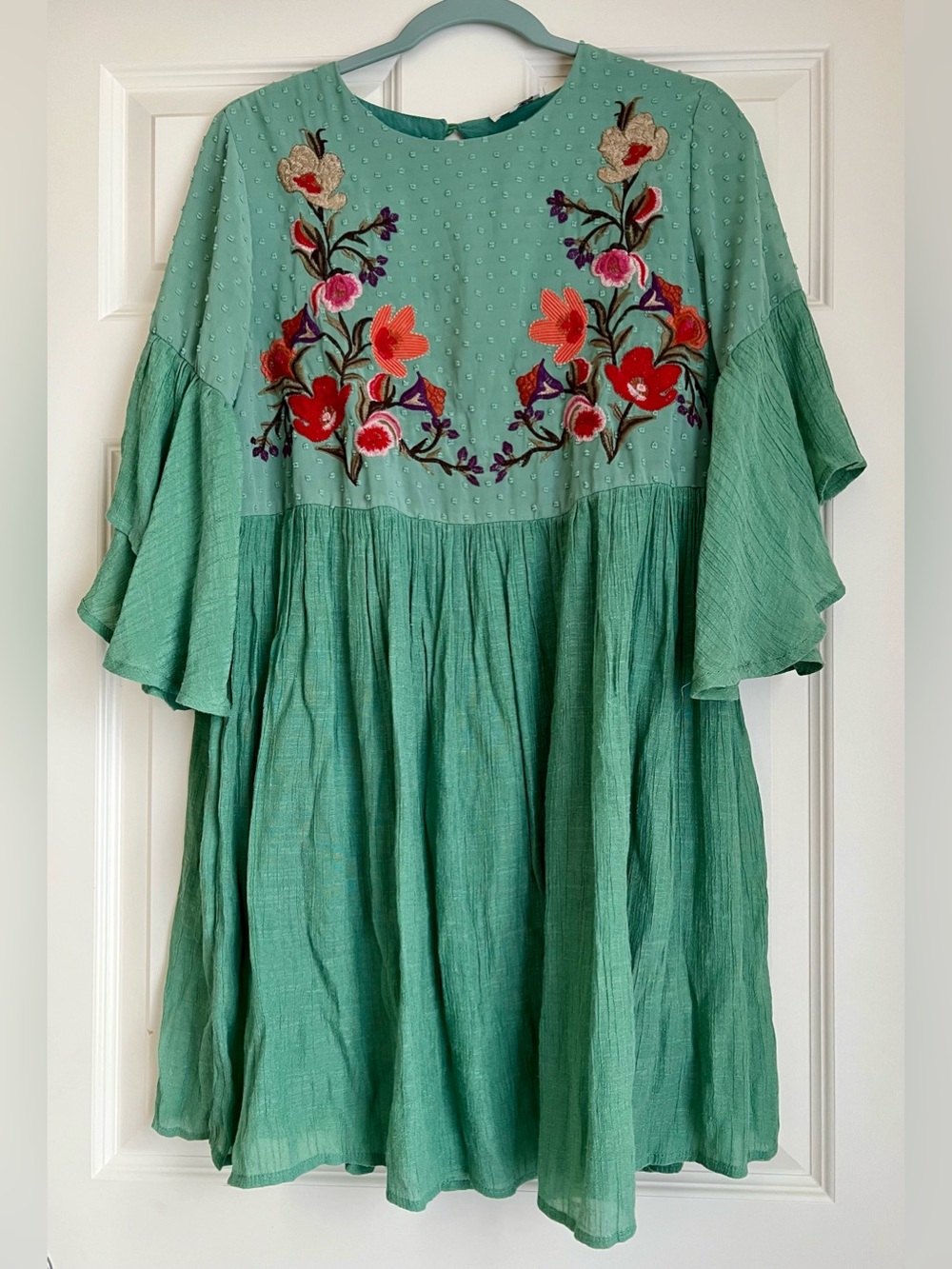 Umger Embroidered  Green Women's Flutter Sleeve dress S